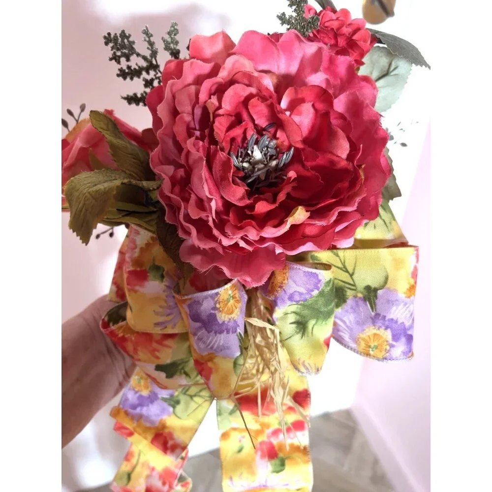 SPRING Flower BOUQUET Handmade Bow Coral Red Yellow Purple Peony Rose Zinnia